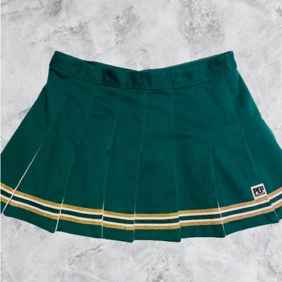 Vintage Skirts Flyaway Cheerleader Skirt Dark Green Gold Trim